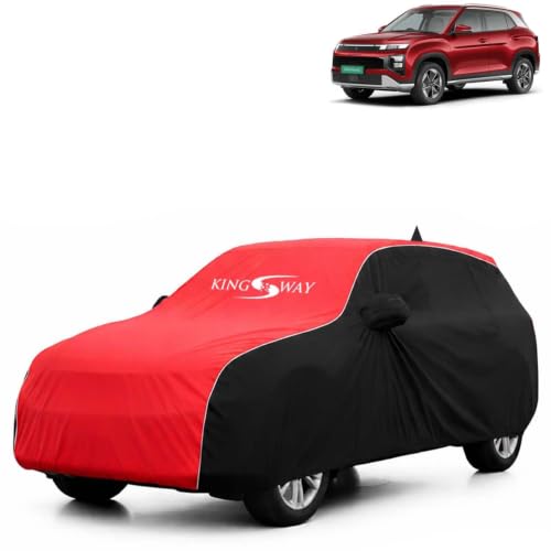 Image of KINGSWAY Super Waterproof Car Cover Only with Hyundai Creta Electric (Year 2025 Onwards) | Mirror and Antenna Pockets | All Weather Car Body Cover with Silver Piping | Black Red