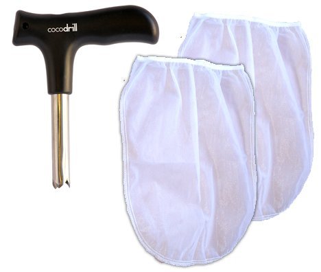 CocoDrillCoconut Opener +2 Nut Milk Bags COMBO - Open Tap Coco Water, Fresh Tool, extractor + Raw Food Mylk Strainer Sifter sprouting