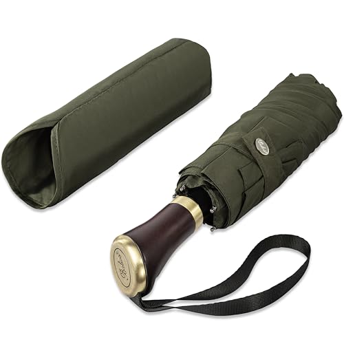 Balios Compact Umbrella Travel Manual Mini Pocket Windproof, Large Canopy, Ultra-Comfortable Hardwood Handle, Lightweight, Strong Frame, Long Shaft Folding Umbrella, Olive Green with Hardwood Handle