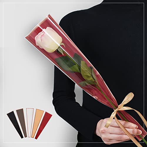 BEISHIDA Lot de 50 sacs d'emballage en plastique pour bouquet de fleurs, Saint-Valentin, mariage, fête des mères, festival, anniversaire, fête, cadeau (rouge avec côté doré) Cover