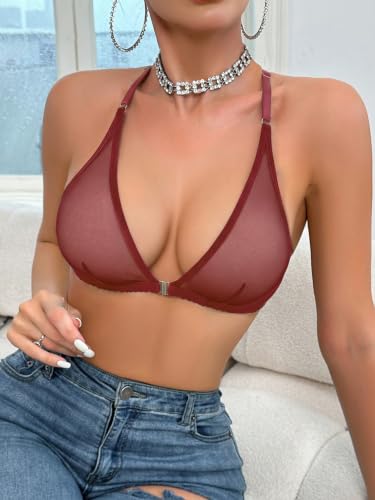 Image of SOLY HUX Women's Sheer Mesh Through Bra Sheer Bralette Front Closure Deep V Neck Wireless Lingerie Sexy Lingerie Bra