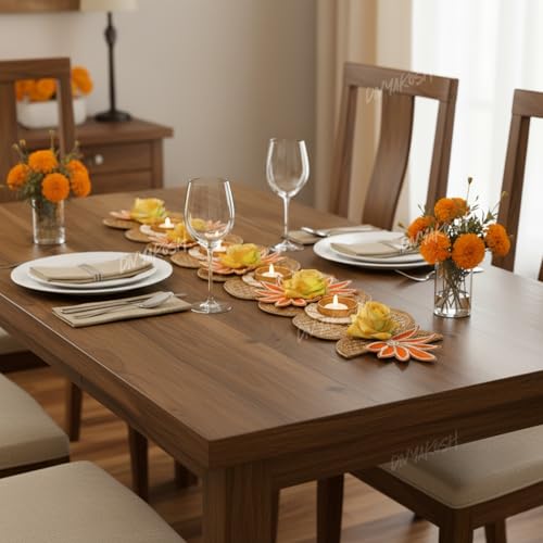 Image of Divyakosh Traditional Lotus Design Table Runner with Led Tea Light, Yellow and Gold Floral Pattern, 22 Inch