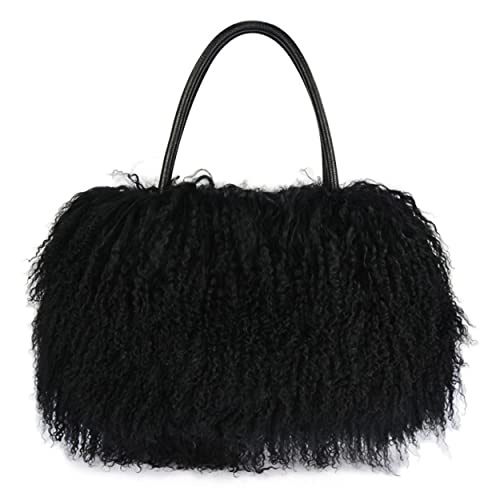 Women Luxury Real Lamb Mongolian Flush Wool Fur With Genuine Leather Handles Handbag