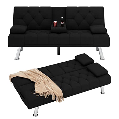 HIFIT Futon Sofa Bed, Upholstered Convertible Folding Sleeper Sofa Bed with Removable Armrest, 2 Cupholder & Metal Leg, Modern Futon Couch for Living Room, Bedroom, Small Space, Apartment, Dorm, Black