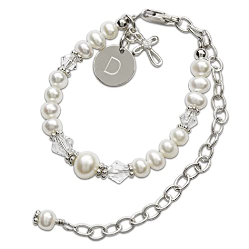 Image of Cherished Moments Personalized Baptism to Bride Cross Bracelet Gift for Girls with Initial Charm in 925 Sterling Silver and Cultured Pearl