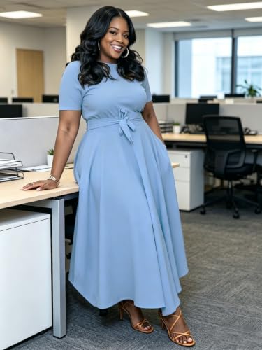 Image of Hostoyo Women Plus Size Formal A Line Maxi Dress Self Tie Waist with Pockets Elegant Round Neck Swing Long Dresses