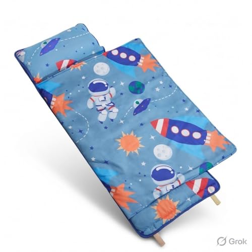 Image of EVERYDAY KIDS Nap Mat w /Removable Pillow -Outer Space Adventures- Carry Handle with Straps Closure, Rollup Design, Soft Microfiber for Preschool, Daycare, Travel Sleeping Bag - Ages 3-6 Years