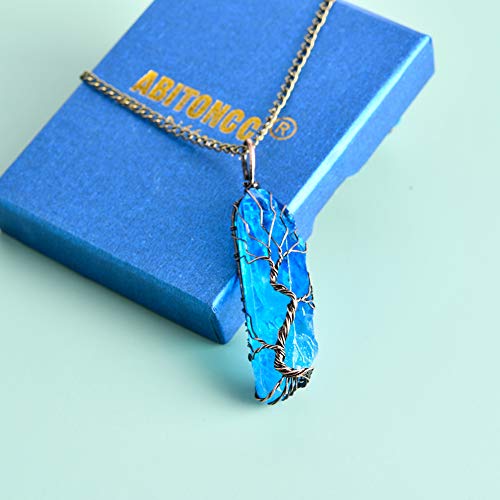 Abitoncc Natural Irregular 7 Chakra Gemstone Tree Of Life Copper Wire Wrapped Quartz Healing Crystal Pendant Classic Necklace (Lake Blue) #TOP5