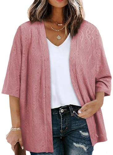 Image of Eytino Plus Size Cardigan for Women Half Sleeve Knitted Jacquard Summer Kimono Cover up Tops(1X-5X)