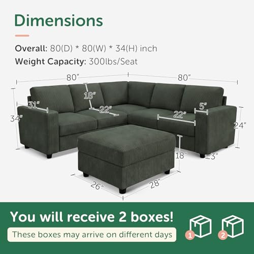 Image of HONBAY Corduroy Sectional Sofa with Storage Ottoman, 6 Seaters L Shaped Small Sectional Couch for Living Room, Green