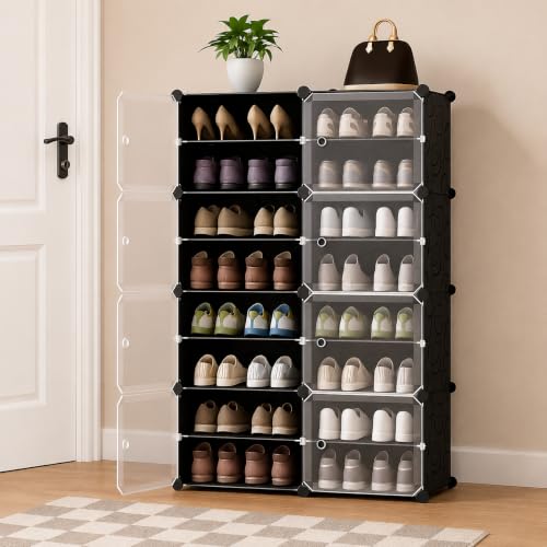 Image of Plastic Shoe Rack for Home with Door | 16-Shelf DIY Shoe Cabinet Organiser | Stores 32 Pairs | Foldable & Waterproof Shoe Stand for Entryway, Bedroom