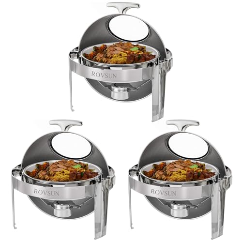 ROVSUN 3 Packs Roll Top Chafing Dish Buffet Set,6 Quart Round Stainless Steel Chafer for Catering,Buffet Servers and Warmers Set with Glass Window for Wedding, Parties, Banquet, Events，Graduation