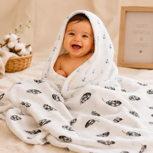 Image of Organic Cotton Muslin Pack of 2 Baby Bath Towel Cotton Cloth Premium Baby Washable, Reusable, Absorbent, Extra Soft 120 X 120 Cm Anchor & Black Wing