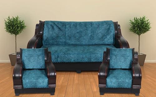 Image of 5 Seater Sofa Cover | Universal Non-Slip Fully Covered Protector for 3+1+1 Sofa Set | Durable Slipcover for Living Room Quilted Luxe (Ocean Teal)