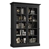 QUW Modern 65' Tall Display Cabinet, Farmhouse Curio Cabinets with Adjustable Shelves, 5-Tier Bookcase with Tempered Glass Door, Storage Cabinet for Office, Kitchen, Living Room, Black
