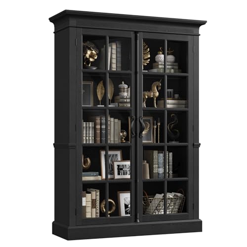 QUW Modern 65" Tall Display Cabinet, Farmhouse Curio Cabinets with Adjustable Shelves, 5-Tier Bookcase with Tempered Glass Door, Storage Cabinet for Office, Kitchen, Living Room, Black