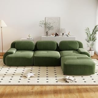 Canapé d'angle convertible moderne de 298 cm avec pouf, canapé modulaire en velours côtelé en forme de L, canapé compressé de 3 à 6 places pour salon, assise extra profonde, aucun assemblage requis