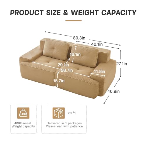 Image of 82 inch Modern Modular Boneless Couch for Living Room, 2 Seat, Soft Corduroy Fabric, Deep Seat Cloud sectional Sofa with Pearl Like Piping and Tufted Design, No Assembly, Anti Slip, Camel