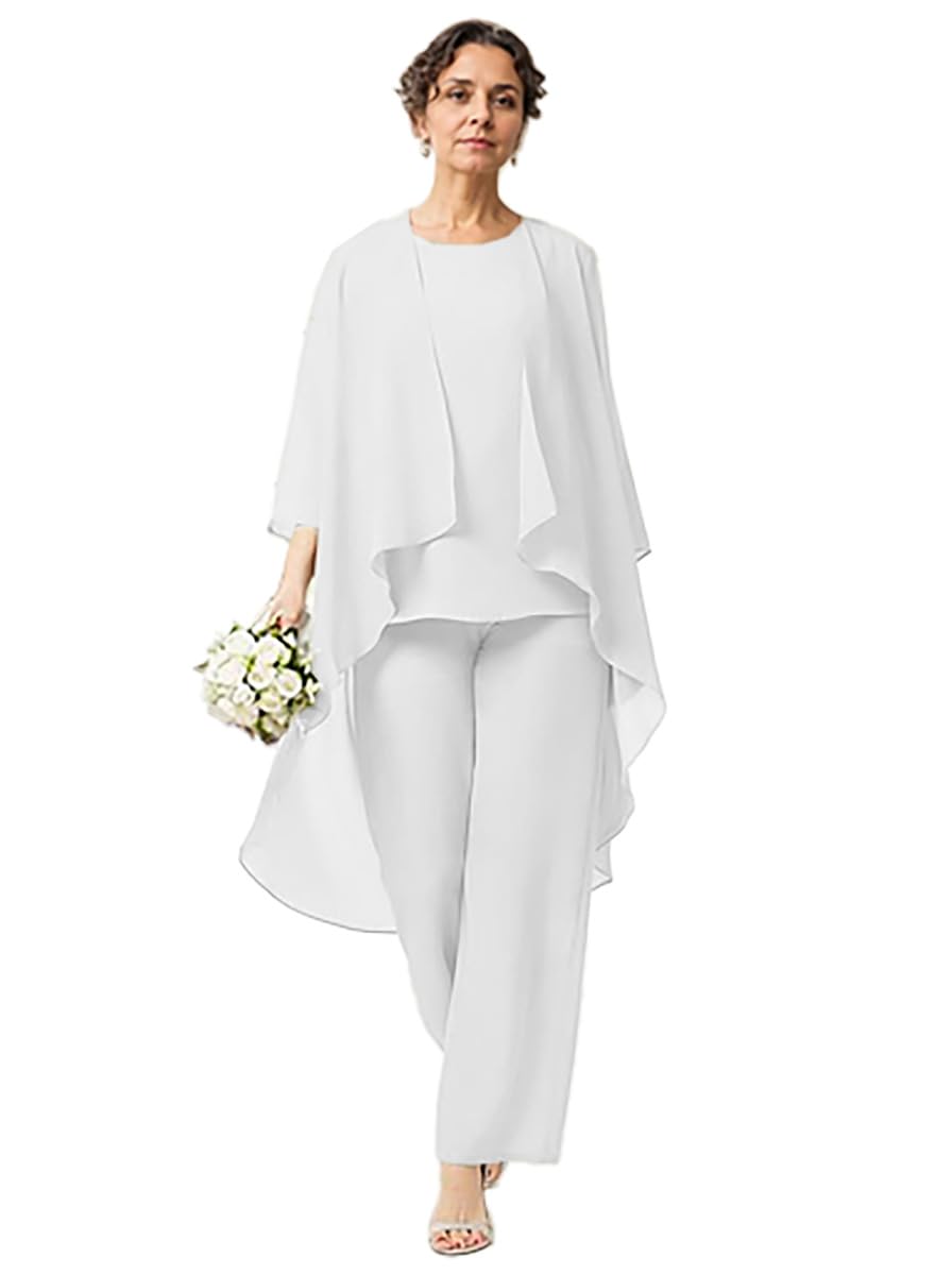 Mother of The Bride Pant Suits 3 Pieces Chiffon Outfit Sets for Wedding Jacket Vest Pant Suits Ivory 18