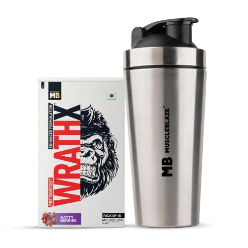 MuscleBlaze Pre Workout WrathX Powder, Natty Berries, 270g + Shaker | Includes 700ml Stainless Steel Gym Shaker-picture-37
