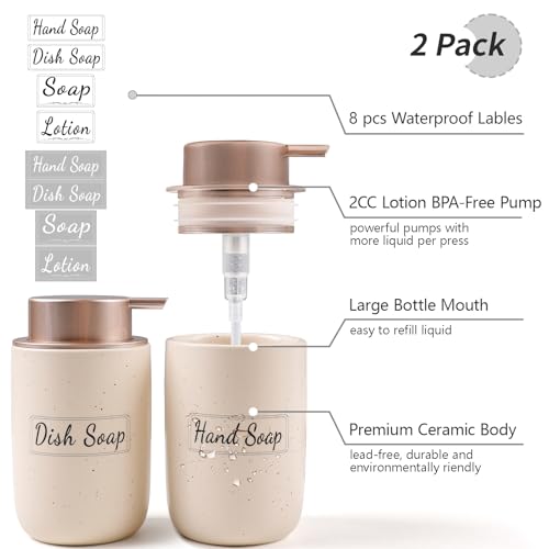 Image of BosilunLife Apricot Soap Dispenser Set - 2 Pack 12oz Ceramic Dish Soap Dispenser with Rust Proof Pump for Kitchen, Hand Soap and Lotion Set Suitable for Farmhouse Bathroom Decor with Waterproof Labels