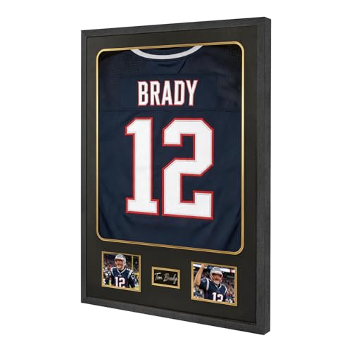 Image of IHEIPYE Jersey Frame Display Case with Tempered Glass, Wall Mount Sports Jersey Shadow Box with Picture Slots and Black Gold Mat for Football Basketball Hockey Jerseys, Photos & Single Signature