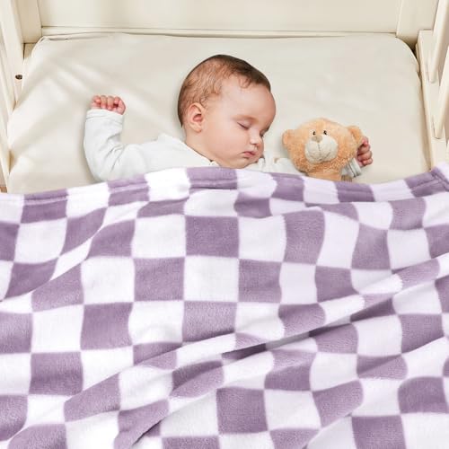Image of Yurhap Checkered Baby Blanket Fleece Baby Blankets for Girls, Ultra Soft Cozy Fluffy Infant Toddler Newborn Receiving Blankets for Crib Stroller, 30''x40'', Purple