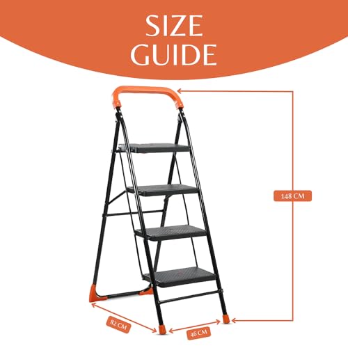 Image of BRANCO Heavy Duty Folding Ladder with Wide Steps | Lifestyle 4 Steps Foldable Ladder | Slip-Resistant | High Strength Long Durable for Home, Kitchen | (Black & Orange)