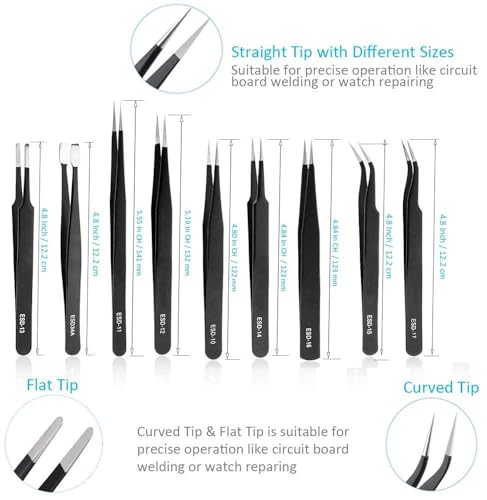 Image of Corslet 10 Pcs Anti-Static Stainless Steel Precision Esd Tweezers Set for Craft, Jewelry, Electronics, Soldering, Repair Work with Storage Bag (TWEEZER SET 10 PCS)
