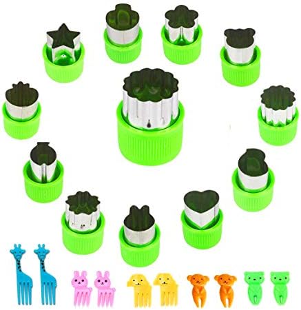 Vegetable Cutters Shapes Set, 12pcs Stainless Steel Mini Cookie Cutters, Vegetable Cutter and Fruit Stamps Mold + 10pcs Cute Cartoon Animals Food Picks and Forks -for Kids Baking and Food Supplement