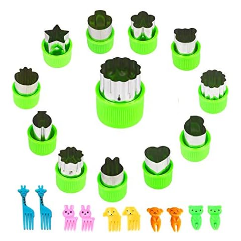 Vegetable Cutters Shapes Set, 12pcs Stainless Steel Mini Cookie Cutters, Vegetable Cutter and Fruit Stamps Mold + 10pcs Cute Cartoon Animals Food Picks and Forks -for Kids Baking and Food Supplement Cover