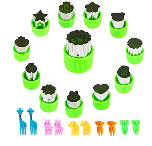 Vegetable Cutters Shapes Set, 12Pcs Stainless Steel Mini Cookie Cutters, Vegetable Cutter And Fruit Stamps Mold + 10Pcs Cute Cartoon Animals Food Picks And Forks -For Kids Baking And Food Supplement #TOP1
