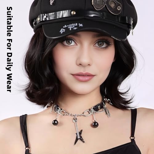 Goth Emo Choker Necklace with Guitar Razor Blade Bell Charms for Women Men – Punk Jewelry Black Faux Leather Collar for Cosplay Rock Costume Accessories4