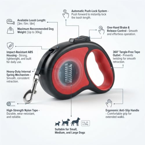 Image of Cawypety Retractable Dog Leash, 16ft /5M Heavy Duty Extendable Dog Walking Lead | One-Hand Brake & Lock, 360 Tangle-Free | Durable Pet Leash with Ergonomic Anti-Slip Handle for All Small,Large Breeds