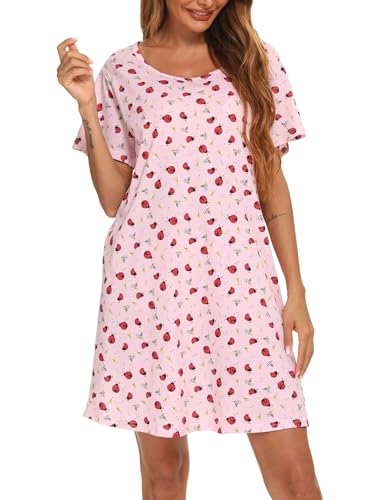 ENJOYNIGHT Damen Nachthemd Baumwolle Kurzarm Schlafhemd T-Shirt Schlafshirt Sommer Nachtwäsche für Lounge (Medium,Rosa Marienkäfer)
