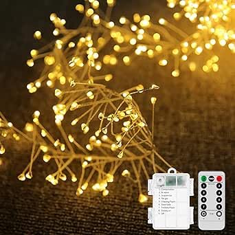 SHANJIA Cadena de luces de petardo, Batería 9.8Ft 100 LED Control Remoto Luces de Petardos,Fuegos artificiales Guirnalda Luces 8 Modos para Decoración Navideña,Boda,Fiesta decoración (Blanco cálido)