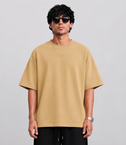 Image of PeaceOut Oversized T Shirt for Men | 240 GSM Heavyweight Cotton T Shirt | Drop Shoulder Oversized Tshirt for Men | Baggy Loose Fit Streetwear Round Neck Half Sleeve Casual Wear