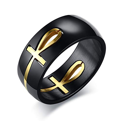 Oidea - Anillo de hombre Ankh Egipto egipcio, cruz extraíble, de acero inoxidable, color negro y dorado, tamaño a elegir