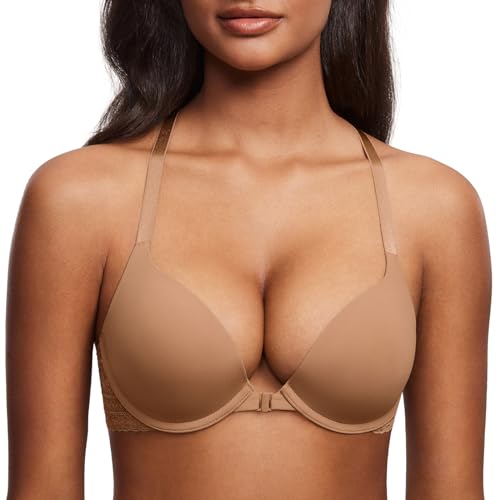 Image of DOBREVA Women's Push Up Bra Front Closure Racerback | Lace Back, Padded, Plunge, Tshirt, Cleavage, Sexy, Date, Soft, Everyday, Supportive