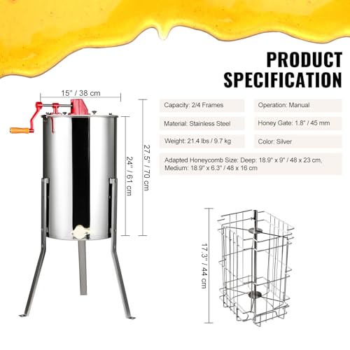 VEVOR Honigschleuder Manuell Tangentialschleuder 2/4 Rahmen Honigextractor aus Rostfreiem Stahl 48x23cm Wabengröße(Tief) 48x16cm Wabengröße(Mittel) 45mm Honigschleuse Ideal für Hobby-und Profi-Imker