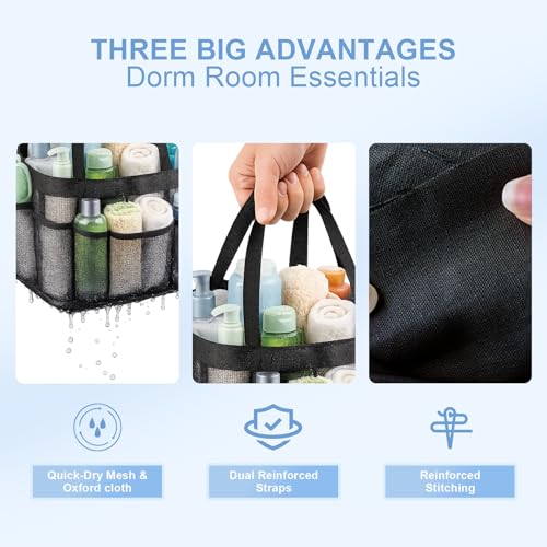 Mesh-Shower-Caddy-Portable-with-9-Pockets-for-College-Dorm-Room-Essentials-Black-Shower-Bag-Dual-Handles-Quick-Dry-Mesh-for-Toiletry-Camping-Swimming-Gym-Beach