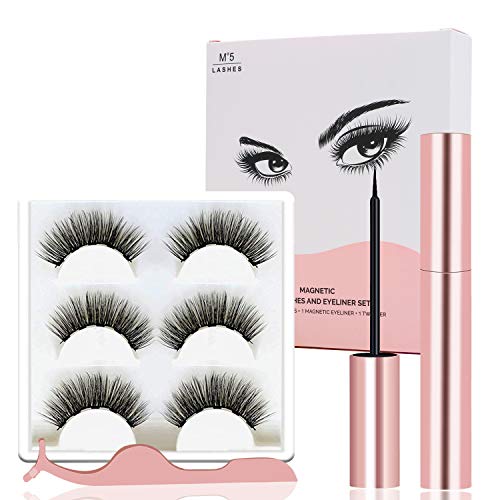 Magnetic Eyeliner and Magnetic Eyelash Kit, DIGDAN 3D Waterproof Magnetic Eyeliner and Lashes, Natural Look Reusable Silk False Lashes with Tweezers（3 Pairs）