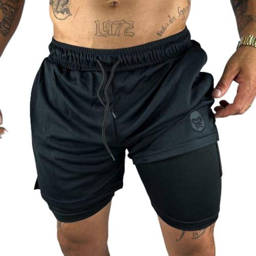 Short Masculino 2 em 1, Tecido Respirável com Forro Duplo, Bolso para Celular, Ideal para Academia e