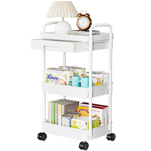 Image of 3-Tier Rolling Cart wiht Drawer, Multifunctional Utility Cart Craft Art Cart Trolley Organizer with Plastic Shelf & Metal Wheels, Storage Cart for Kitchen,Bathroom,Living Room,Office,White