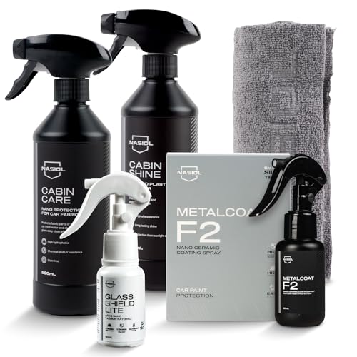 Nasiol Car Nano Protection Package Standard - Advantage Set - Car Care Set (Rain Repellent, Ceramic Coating, Plastic Surface Protection, Fabric Surface Protection, Microfiber Cloth)