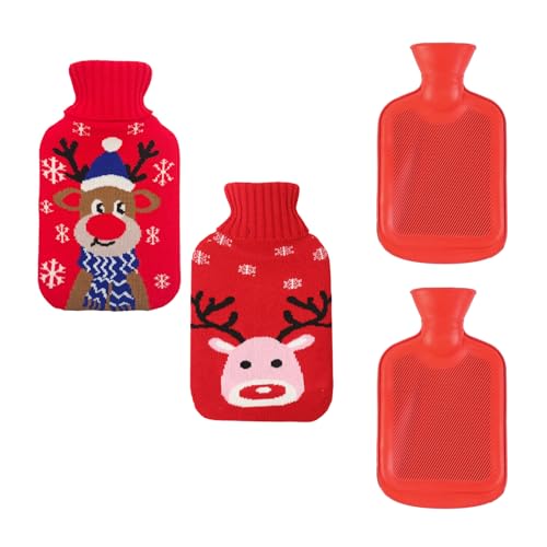 Fyfjur Kleine Wärmflasche Mit Bezug, 2 Stück 500 ML Weihnachten Wärmflasche Rot Kinder Gummi, Warm Halten Abnehmbarer Strickbezug Wärmflaschen...