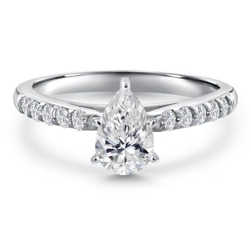 Gem Stone King 10K White Gold 8X5MM Pear Shape Gemstone Birthstone and White Lab Grown Diamond Engagement Ring For Women | Available in Size 5,6,7,8,93