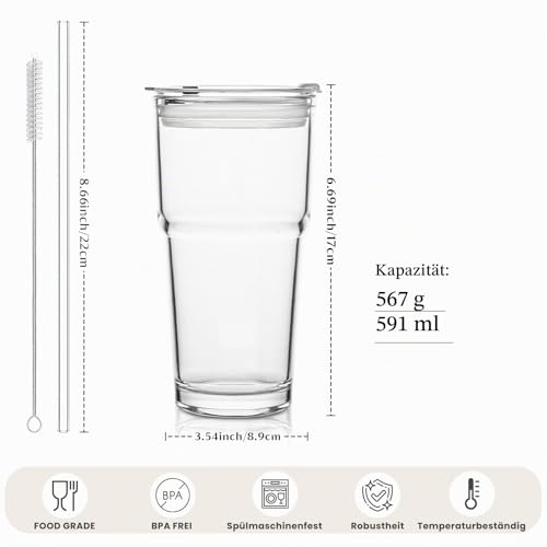 INSETLAN 2 Stück 590ml Klassisch Glasbecher mit Deckel und Strohhalm, dickwandige und robuste Smoothie Becher aus hochwertigem Glas, luftdichtes und wasserdichtes Design, ideal als Kaffee – Bild 4