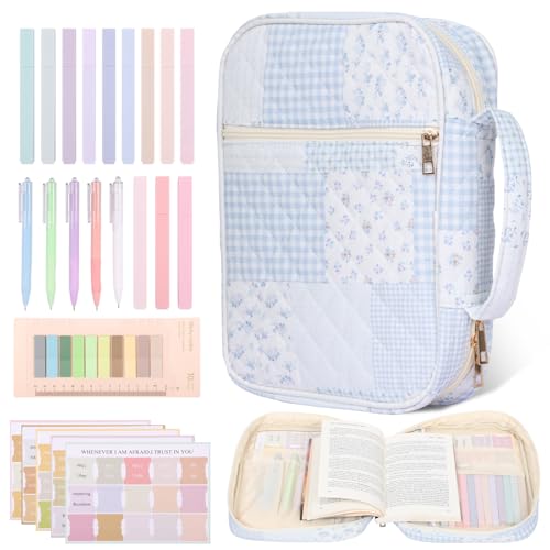 RdjEokf Bible Cover Case for Women, Quilted Carrying Case with Durable Handle, Cotton Fabric Bible Bag for Girls Bible Study Supplies Accessories, 8.89 x 11.42 x 2.76 in (Blue Checkered Pattern)