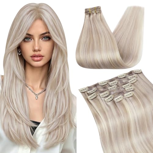 Image of Ugeat Real Human Hair Clip in Extensions Highlights 22 Inch 7pcs 120g | Real Hair Extensions Clip in Human Hair , Easy to Apply , Ash Blonde Highlights Bleach Blonde